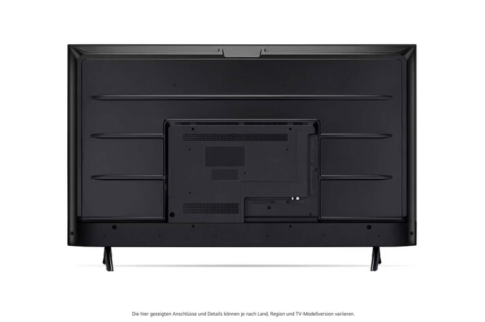 Rückansicht des LG UHD AI ThinQ 4K UT73 Smart TV mit sichtbaren Anschlüssen und Standfüßen.