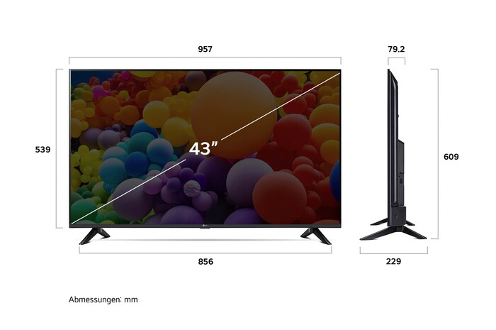 Abmessung des LG UHD AI ThinQ 4K UT73 Smart TV 43 Zoll: Breite 957 mm, Höhe 609mm, Tiefe 229 mm, Paneltiefe 79,2 mm