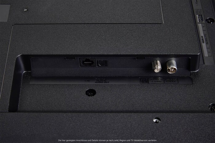 Detailansicht der Rückseite des LG UHD AI ThinQ 4K UT73 Smart TV mit Koaxial- und Antennenanschlüssen.