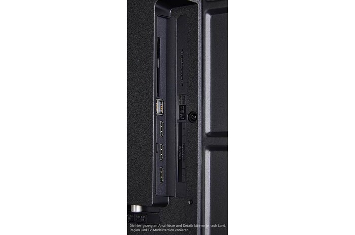 Seitlicher Anschlussbereich des LG UHD AI ThinQ 4K UT73 Smart TV mit HDMI- und USB-Ports.