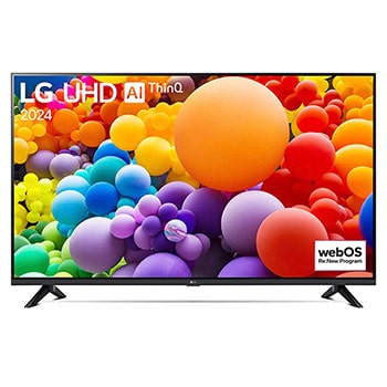 Frontansicht des LG UHD AI ThinQ 4K UT73 Smart TV mit lebendigem Startbildschirm auf weißem Hintergrund.
