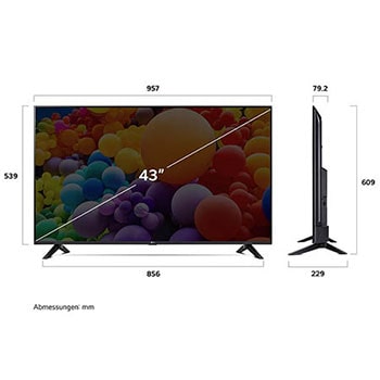 Abmessung des LG UHD AI ThinQ 4K UT73 Smart TV 43 Zoll: Breite 957 mm, Höhe 609mm, Tiefe 229 mm, Paneltiefe 79,2 mm