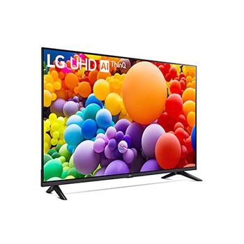 Linke schräge Rückansicht des LG UHD AI ThinQ 4K UT73 Smart TV mit sichtbaren Standfüßen.