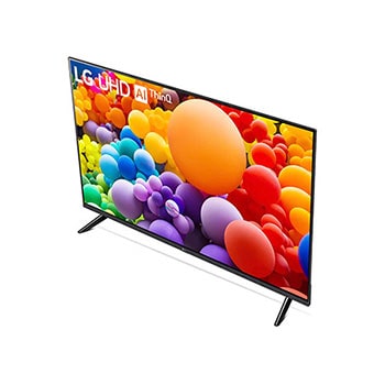 Rechte schräge Rückansicht des LG UHD AI ThinQ 4K UT73 Smart TV mit Blick auf die Rückseite und die Füße.