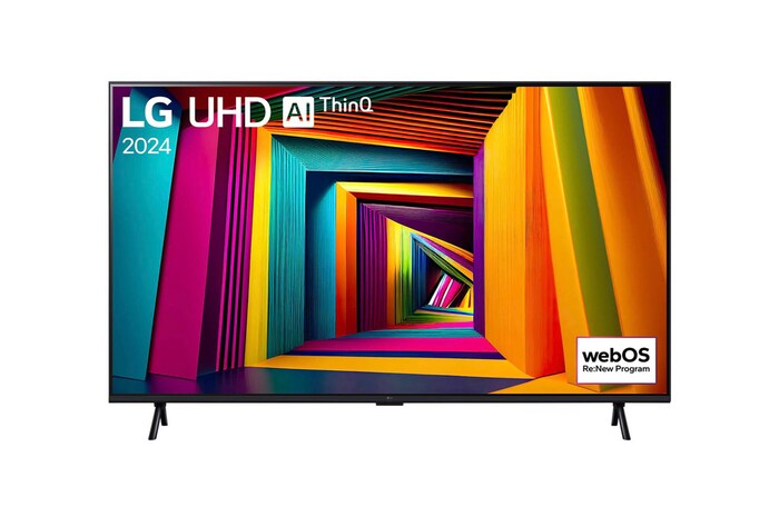 Frontansicht des LG UHD AI ThinQ 4K UT91 Smart TV, zeigt den Startbildschirm mit eingeschaltetem Display.