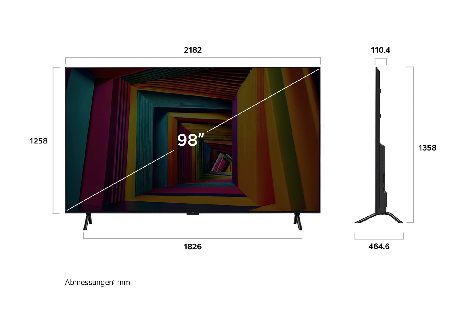 Abmessungen des LG UHD AI ThinQ 4K UT91 Smart TV 98 Zoll: Breite 2192 mm, Höhe 1284 mm, Tiefe 486 mm (mit Standfuß).