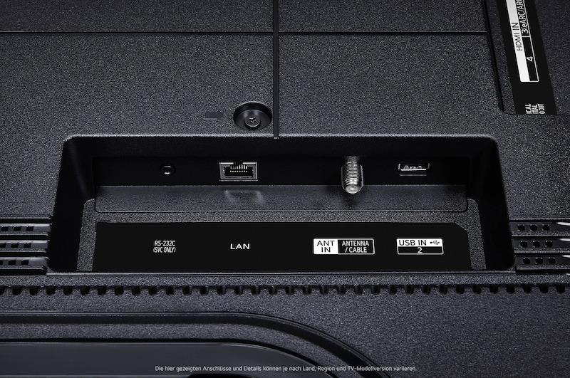 Nahaufnahme der Rückanschlüsse des LG UHD AI ThinQ 4K UT91 Smart TV, inklusive HDMI- und USB-Ports.