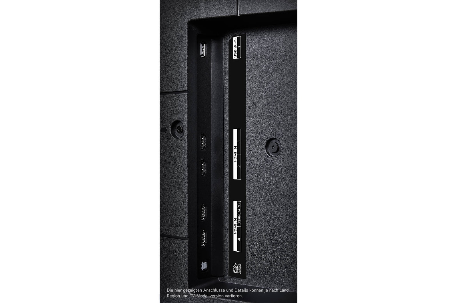 Nahaufnahme des seitlichen Anschlussbereichs des LG UHD AI ThinQ 4K UT91 Smart TV, mit CI- und HDMI-Eingang.