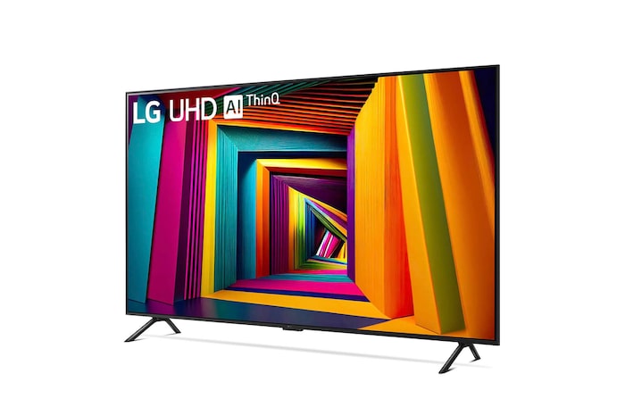 Linke schräge Frontansicht des LG UHD AI ThinQ 4K UT91 Smart TV mit farbintensiver Anzeige.