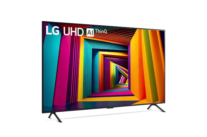 Rechte schräge Frontansicht des LG UHD AI ThinQ 4K UT91 Smart TV mit schmalem Rahmen.