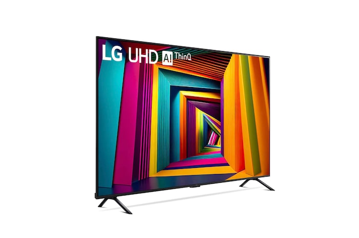 Frontansicht des LG UHD AI ThinQ 4K UT91 Smart TV mit lebendigen Farben und symmetrischem Design.