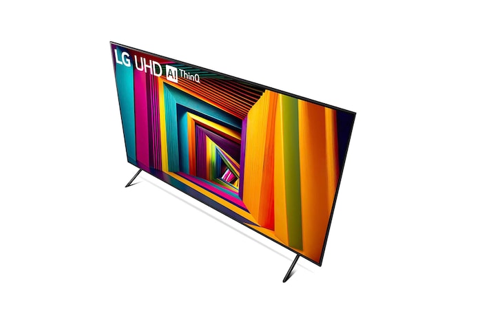 Obere schräge rechte Frontansicht des LG UHD AI ThinQ 4K UT91 Smart TV mit geometrischer Farbdarstellung.
