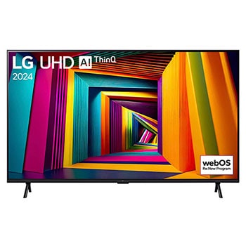 Frontansicht des LG UHD AI ThinQ 4K UT91 Smart TV, zeigt den Startbildschirm mit eingeschaltetem Display.