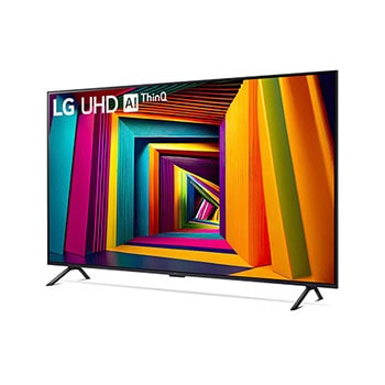 Schräg vorderansicht von links des LG UHD AI ThinQ 4K UT91 Smart TV mit lebendigem Bild auf dem Bildschirm.