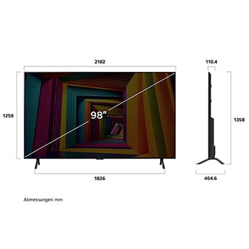 Abmessungen des LG UHD AI ThinQ 4K UT91 Smart TV 98 Zoll: Breite 2192 mm, Höhe 1284 mm, Tiefe 486 mm (mit Standfuß).