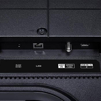 Nahaufnahme der Rückanschlüsse des LG UHD AI ThinQ 4K UT91 Smart TV, inklusive HDMI- und USB-Ports.