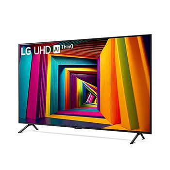 Linke schräge Frontansicht des LG UHD AI ThinQ 4K UT91 Smart TV mit farbintensiver Anzeige.