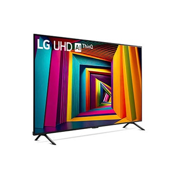 Frontansicht des LG UHD AI ThinQ 4K UT91 Smart TV mit lebendigen Farben und symmetrischem Design.