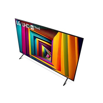 Obere schräge rechte Frontansicht des LG UHD AI ThinQ 4K UT91 Smart TV mit geometrischer Farbdarstellung.