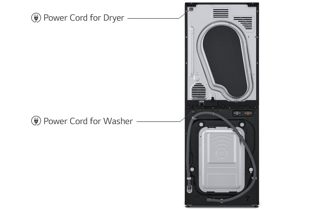 Rückansicht des LG WashTower WT1210BBF in Schwarz, die die separaten Stromanschlüsse für Waschmaschine und Trockner zeigt, mit Energieeffizienzklasse A (Waschmaschine).