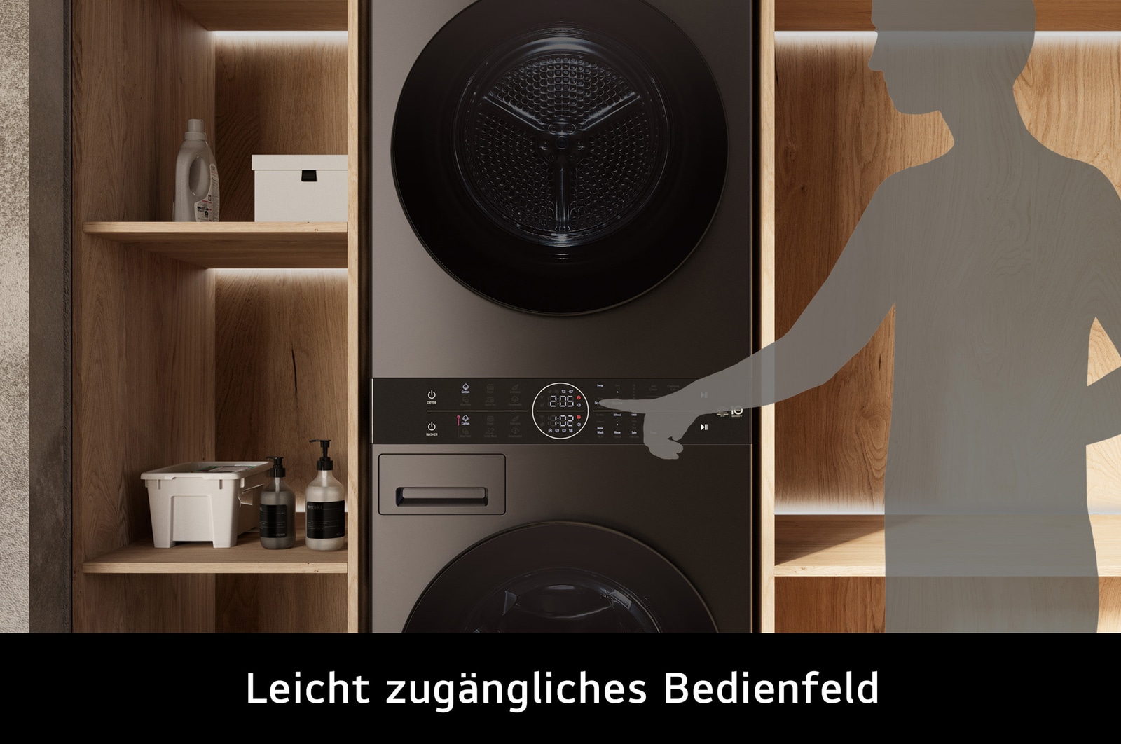 Der LG WashTower WT1210BBF in Schwarz, der das bequem zugängliche Center Control-Bedienfeld hervorhebt, mit Energieeffizienzklasse A (Waschmaschine).