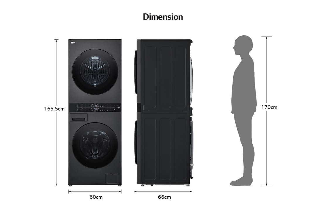 Abmessungsgrafik des LG WashTower: B 60, H 165,5, T 66 cm, zur Veranschaulichung neben einer 170 cm großen Person gezeigt.