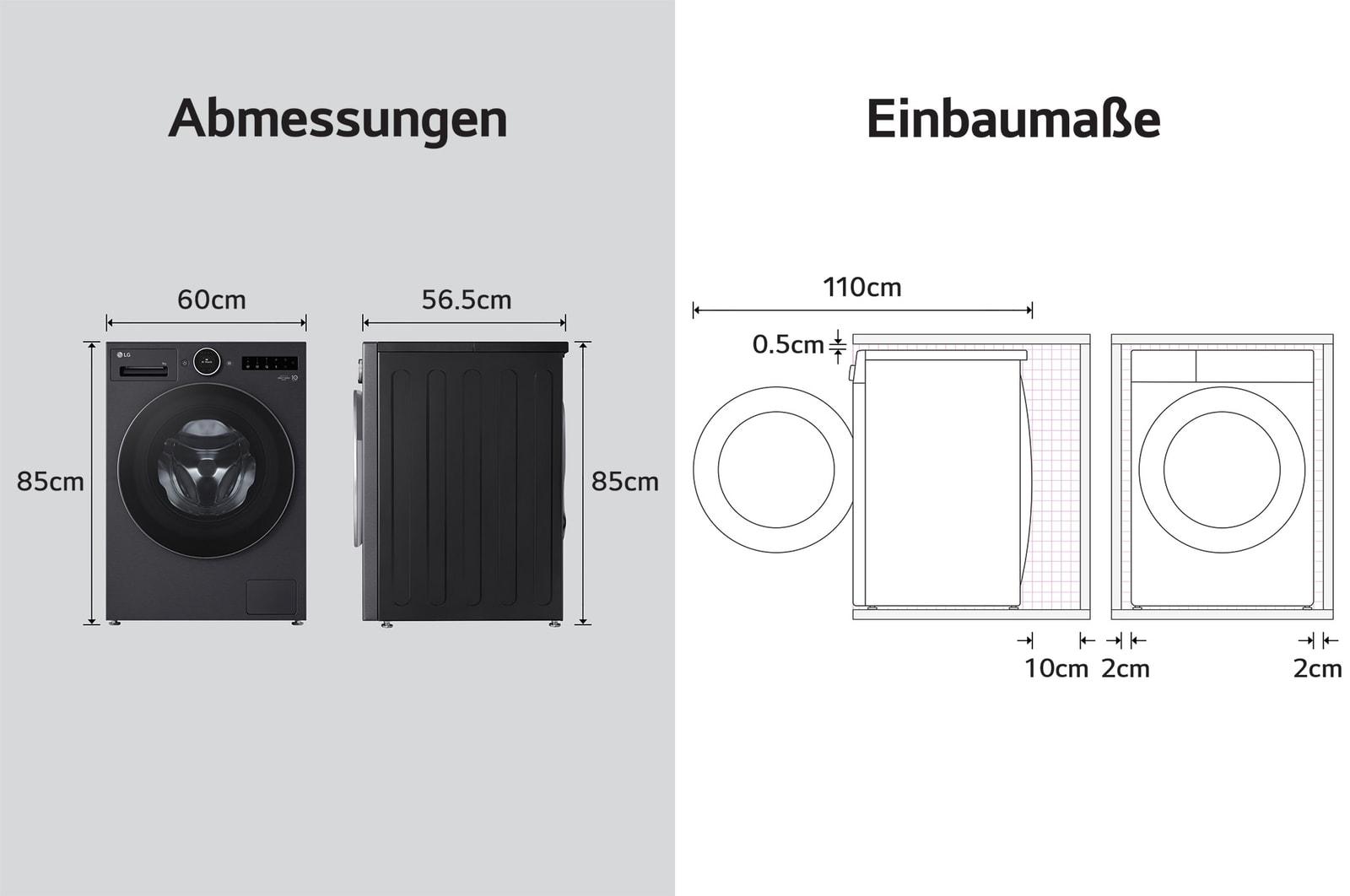 Technische Zeichnung der LG Waschmaschine F4WX9092B: B 60, H 85, T 56,5 cm (Tür offen 110 cm), inkl. Einbaumaße, mit Energieeffizienzklasse A-55%.