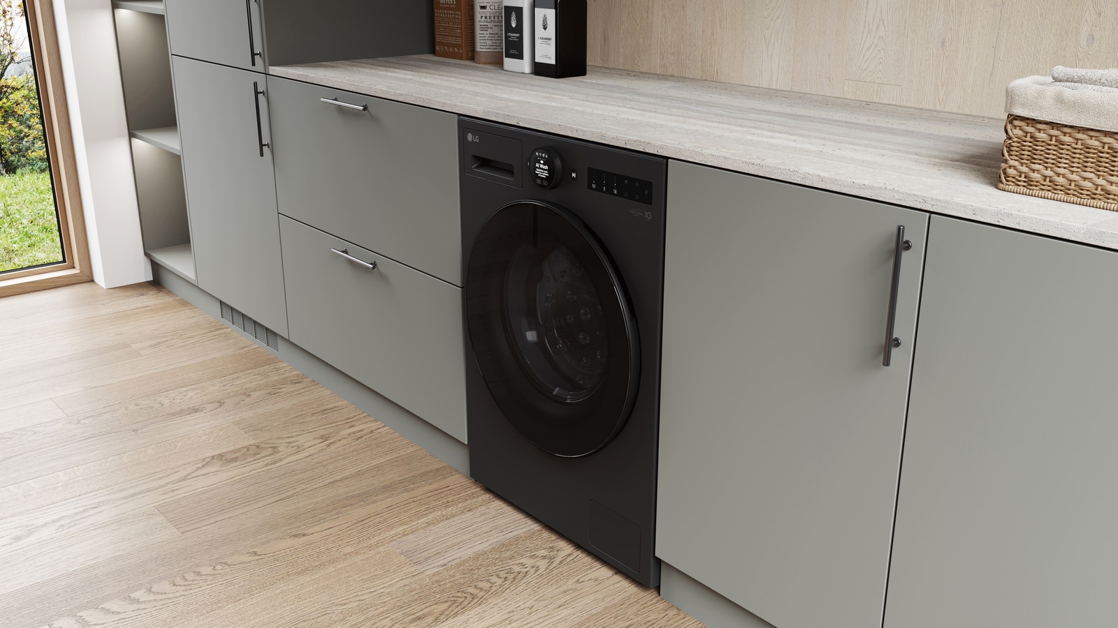 Die LG 11 kg Waschmaschine F4WX801YB in Matte Black, installiert in einer modernen Küche, um ihr schlankes, integriertes Design zu zeigen, mit Energieeffizienzklasse A-40%.