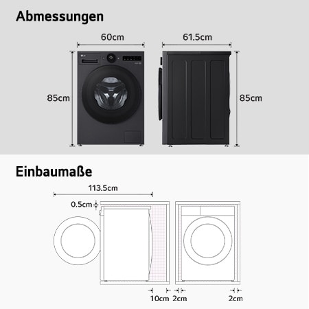 Technische Zeichnung der LG Waschmaschine F4WX803YB: B 60, H 85, T 61,5 cm (Tür offen 113,5 cm), inkl. Einbaumaße, mit Energieeffizienzklasse A-20%.