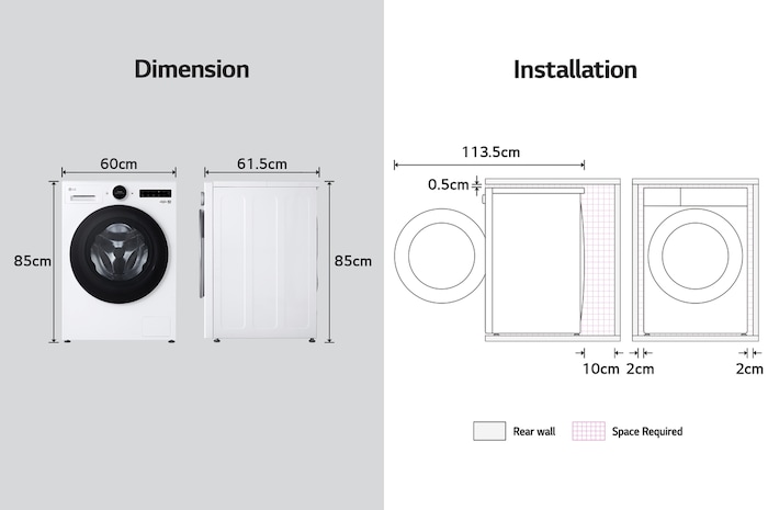Technische Zeichnung der LG Waschmaschine F4WX9092: B 60, H 85, T 56,5 cm (Tür offen 110 cm), inkl. Einbaumaße, mit Energieeffizienzklasse A-55%.