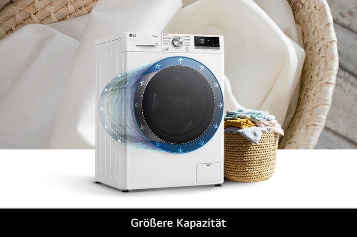 Die LG Waschmaschine F4WR7011 in Weiß, die ihre große 11 kg Trommelkapazität für mehr Wäsche hervorhebt, mit Energieeffizienzklasse A-10%.