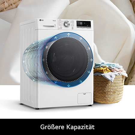 Die LG Waschmaschine F4WR7011 in Weiß, die ihre große 11 kg Trommelkapazität für mehr Wäsche hervorhebt, mit Energieeffizienzklasse A-10%.