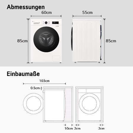 Abmessungsgrafik der LG Waschmaschine: B 60, H 85, T 55 cm (Tür offen 103 cm), inkl. Installationsabstände.
