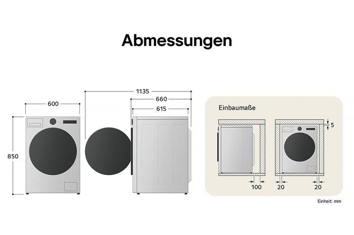 Technische Zeichnung der LG Waschmaschine: B 600, H 850, T 615 mm (Tür offen 1135 mm), inkl. Installationsabstände.