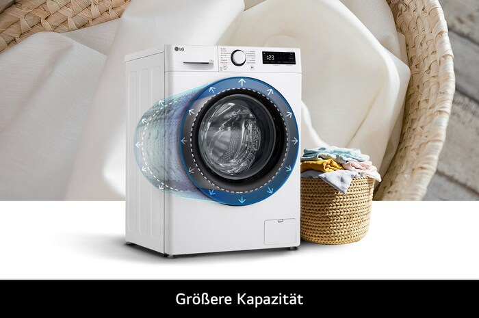 Die LG Waschmaschine F4WR5035, die ihre extra große 13 kg Trommelkapazität für sehr große Wäscheladungen hervorhebt, mit Energieeffizienzklasse A-20%.