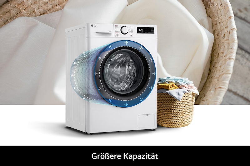 Die LG Waschmaschine F4WR5035, die ihre extra große 13 kg Trommelkapazität für sehr große Wäscheladungen hervorhebt, mit Energieeffizienzklasse A-20%.