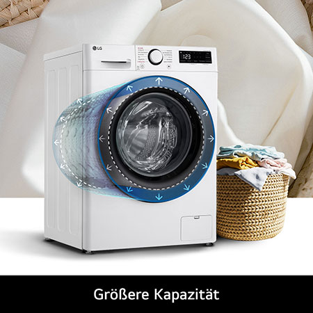 Die LG Waschmaschine F4WR5035, die ihre extra große 13 kg Trommelkapazität für sehr große Wäscheladungen hervorhebt, mit Energieeffizienzklasse A-20%.