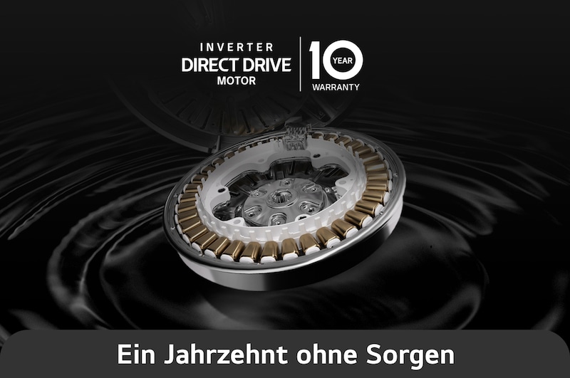 Nahaufnahme des Inverter Direct Drive™ Motors der LG 8 kg Waschmaschine F4WB3085, mit 10 Jahren Garantie, mit Energieeffizienzklasse A.