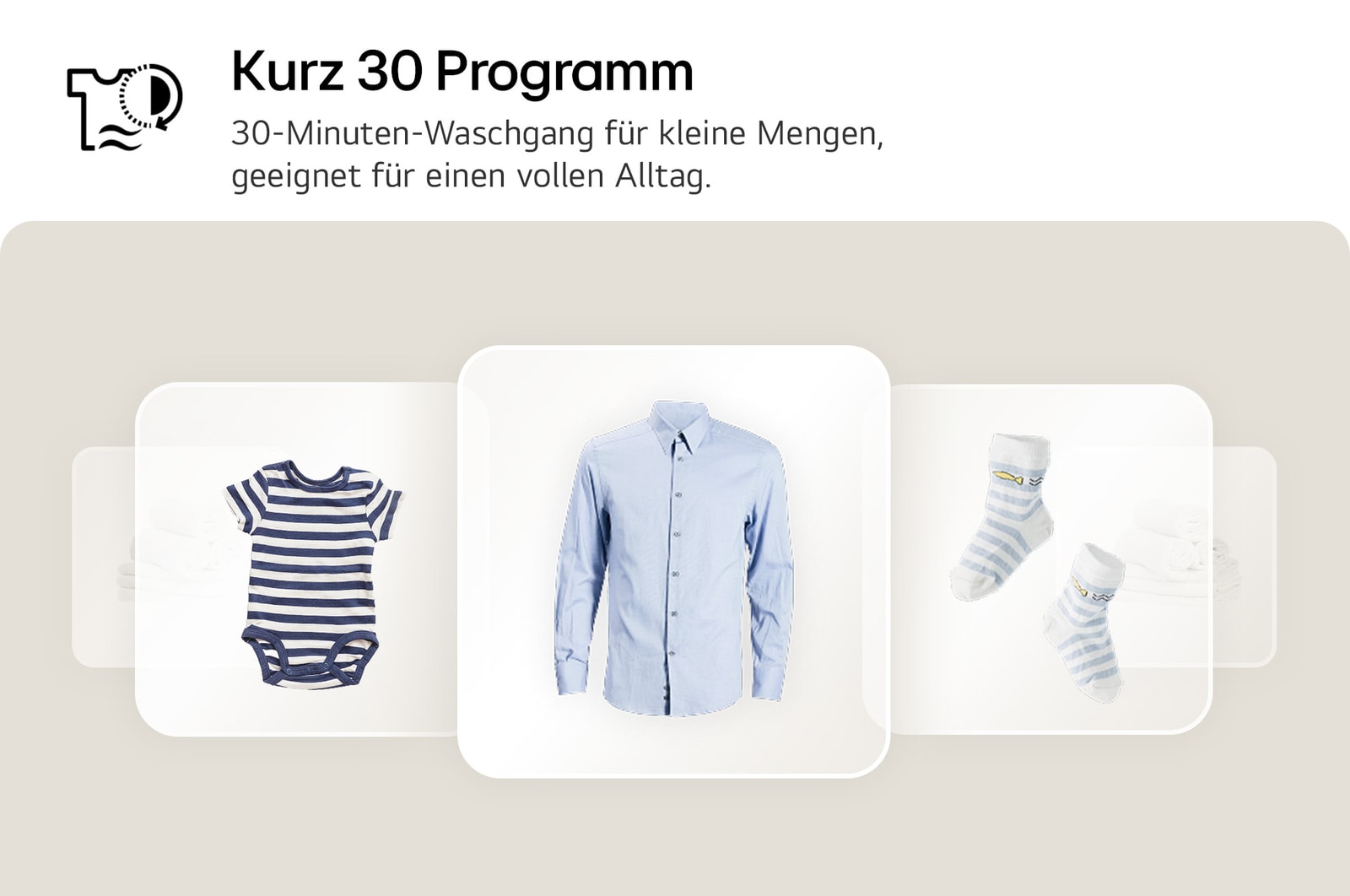 Grafik für das Kurz-30-Programm der LG Waschmaschine F4WB2095, die geeignete kleine Wäschestücke für den 30-Minuten-Waschgang zeigt, mit Energieeffizienzklasse A.