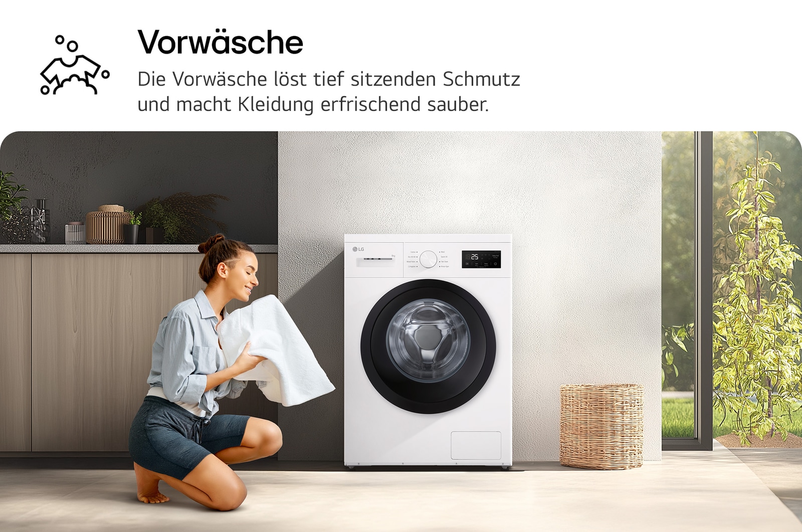 Die LG 9 kg Waschmaschine F4WB2095, die die tiefe Reinigungswirkung der Vorwäsche-Funktion illustriert, mit Energieeffizienzklasse A.