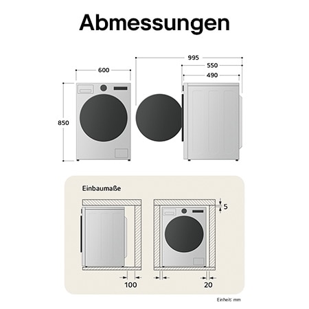 Technische Zeichnung der LG Waschmaschine: B 600, H 850, T 490 mm (Tür offen 995 mm), inkl. Installationsabstände.