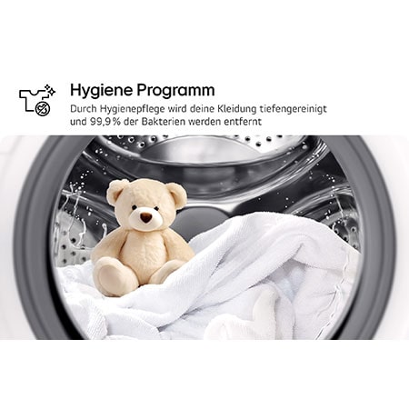 Das Hygiene-Programm der LG Waschmaschine F4WB2095, das einen antibakteriellen Tiefenreinigungszyklus symbolisiert, mit Energieeffizienzklasse A.