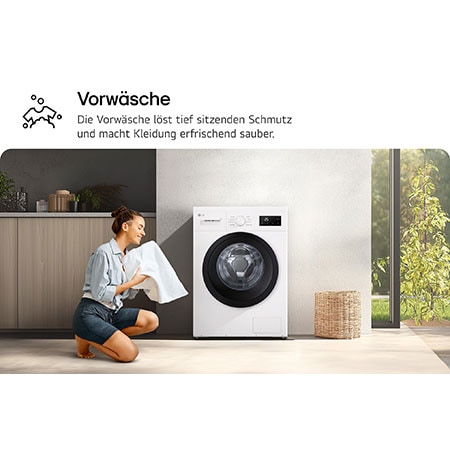 Die LG 9 kg Waschmaschine F4WB2095, die die tiefe Reinigungswirkung der Vorwäsche-Funktion illustriert, mit Energieeffizienzklasse A.