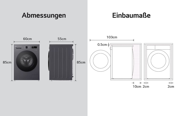 Abmessungsgrafik der LG Waschmaschine: B 60, H 85, T 55 cm (Tür offen 103 cm), inkl. Installationsabstände.