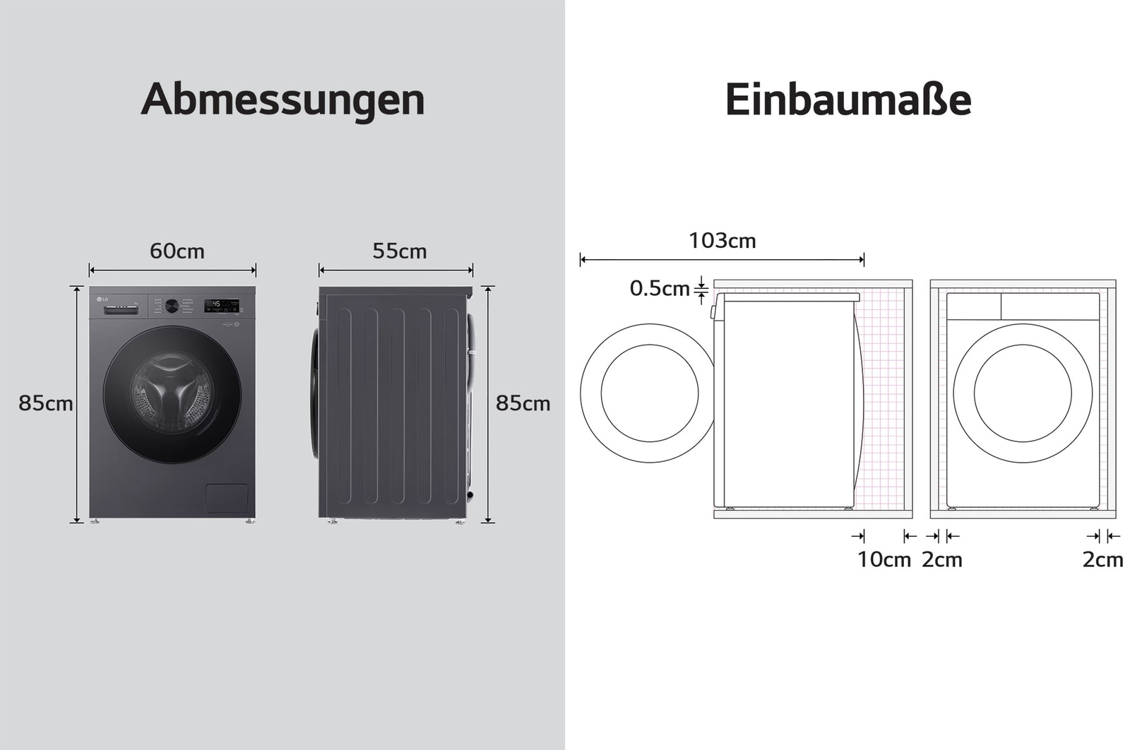Abmessungsgrafik der LG Waschmaschine: B 60, H 85, T 55 cm (Tür offen 103 cm), inkl. Installationsabstände.