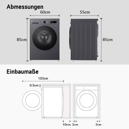 Abmessungsgrafik der LG Waschmaschine: B 60, H 85, T 55 cm (Tür offen 103 cm), inkl. Installationsabstände.