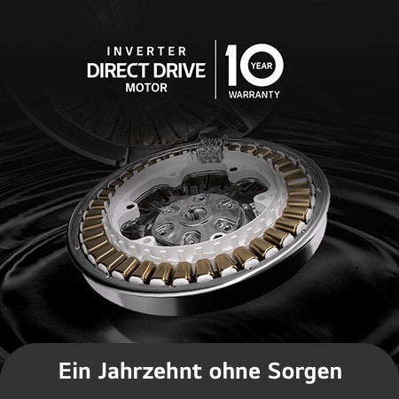 Nahaufnahme des Inverter Direct Drive™ Motors der LG 9 kg Waschmaschine F4WB309YB, mit 10 Jahren Garantie, mit Energieeffizienzklasse A.