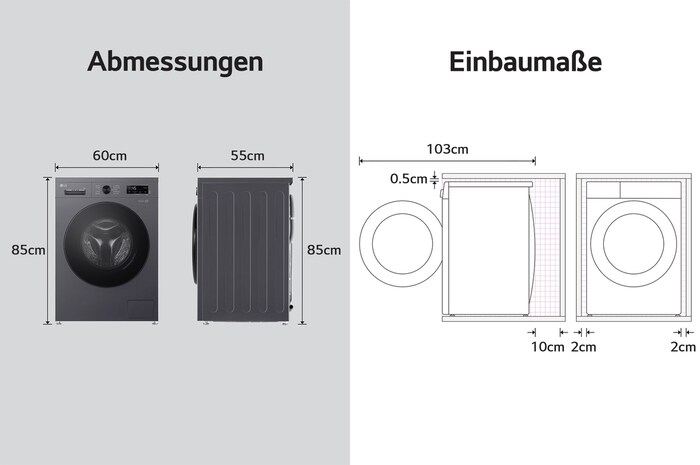 Abmessungsgrafik der LG Waschmaschine: B 60, H 85, T 55 cm (Tür offen 103 cm), inkl. Installationsabstände.