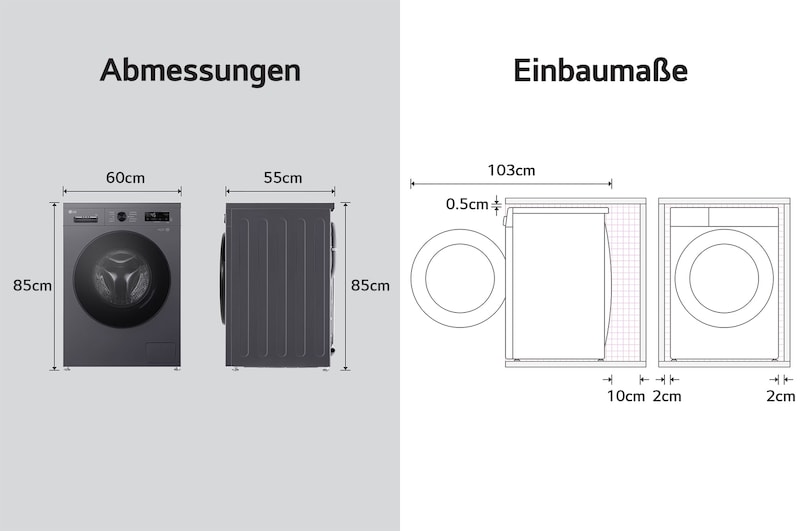 Abmessungsgrafik der LG Waschmaschine: B 60, H 85, T 55 cm (Tür offen 103 cm), inkl. Installationsabstände.