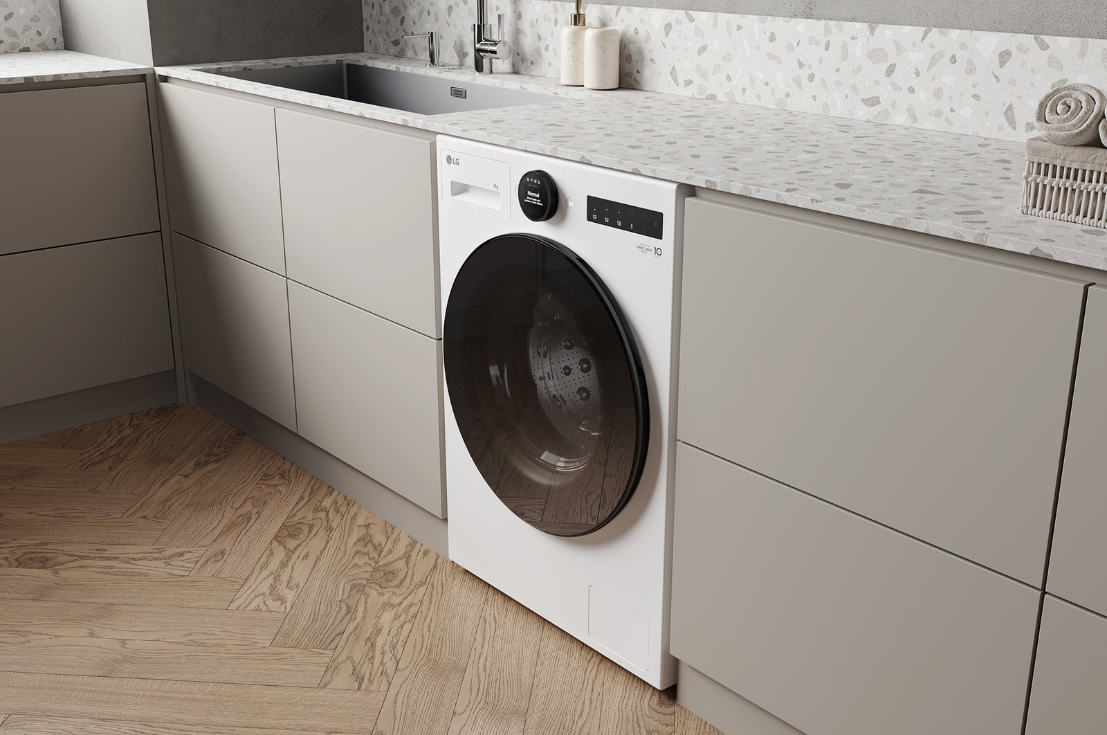 Die weiße LG 8 kg Waschmaschine F4WX808YC, installiert in einer modernen Küche, um ihr schlankes, integriertes Design zu zeigen, mit Energieeffizienzklasse A-20%.